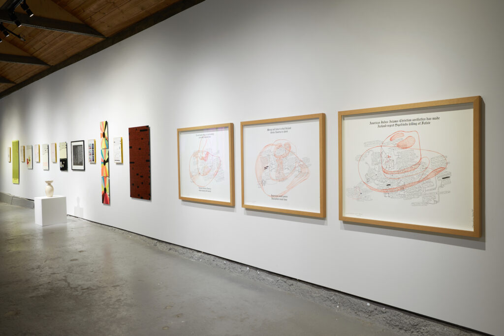 Installation view: framed drawings and mixed works by Steingrímur Eyfjörð — “Classification,” Reykjanes Art Museum, 2021.