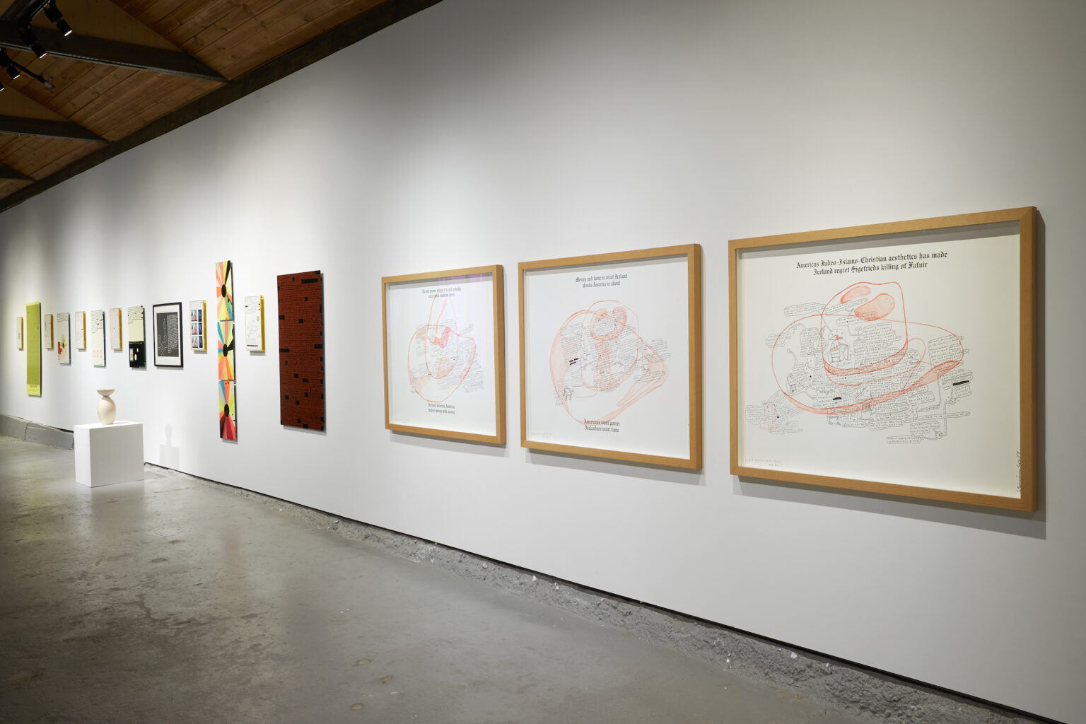 Installation view: framed drawings and mixed works by Steingrímur Eyfjörð — “Classification,” Reykjanes Art Museum, 2021.