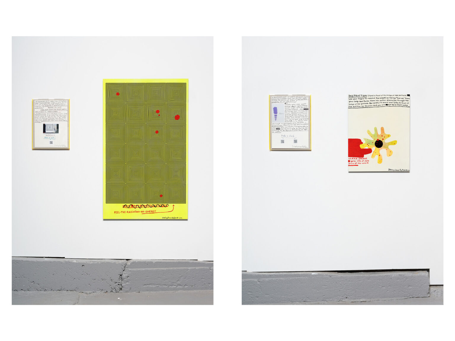L: Go Away, Shadow (2014-2015) / Collage and ink on paper / Enamel and spray paint on aluminium R: Larvae (2014-2015) / Collage and ink on paper / Enamel and spray paint on aluminium